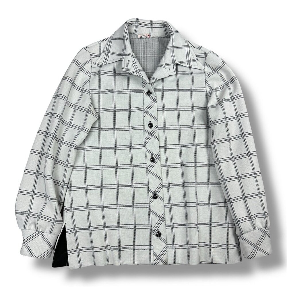 Vtg 70s Jane Colby Disco Blouse Black White Windowpane Plaid Shirt Sz 11/12
